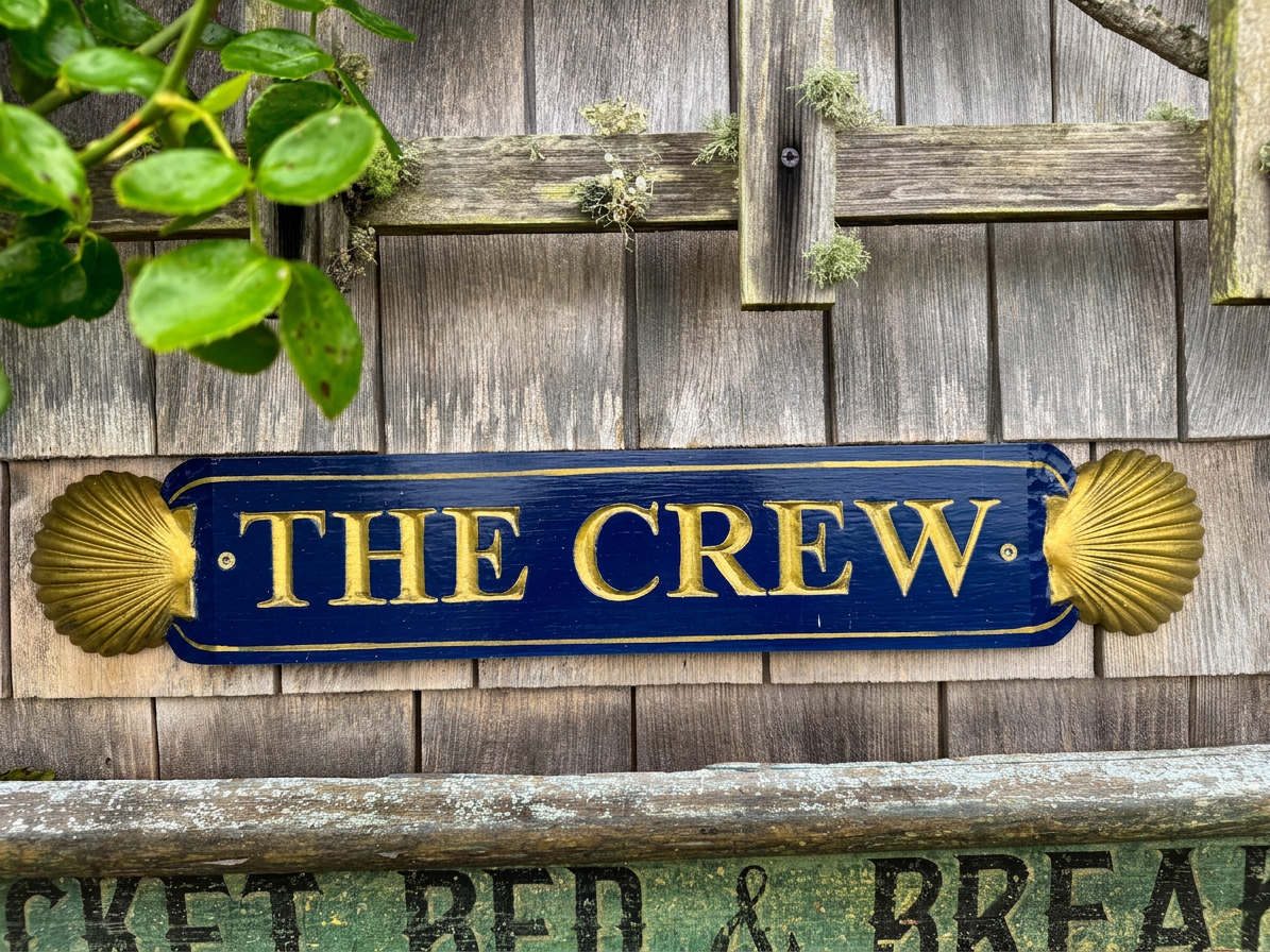 The house’s carved nameboard: "THE CREW" in raised gold serif letters on a navy plank flanked by two gold scallop shells, mounted on weathered shingles amid green rose foliage.
