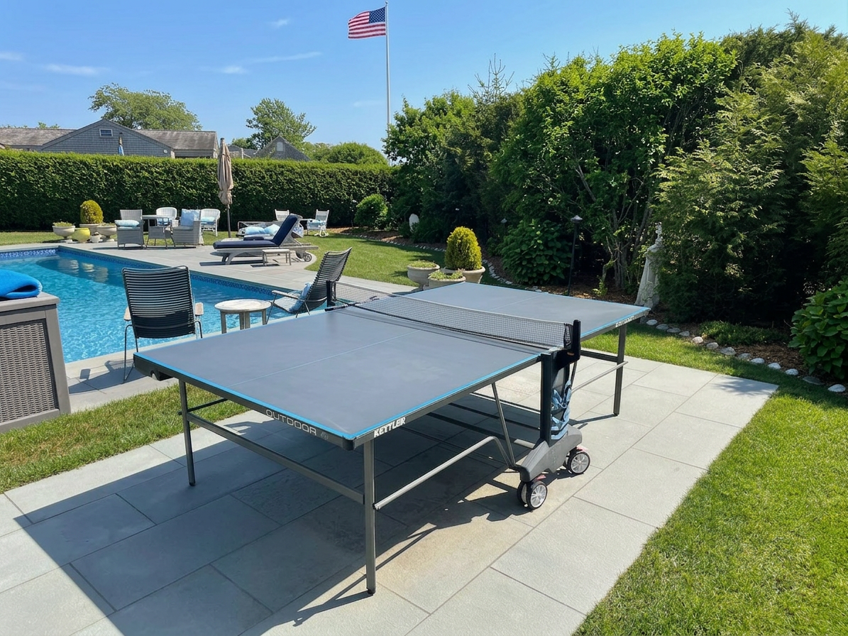 The outdoor Kettler ping pong table set up with its net and paddles on a bluestone pad beside the covered pool, with black sling chairs, the flagpole and a tall hedge behind it